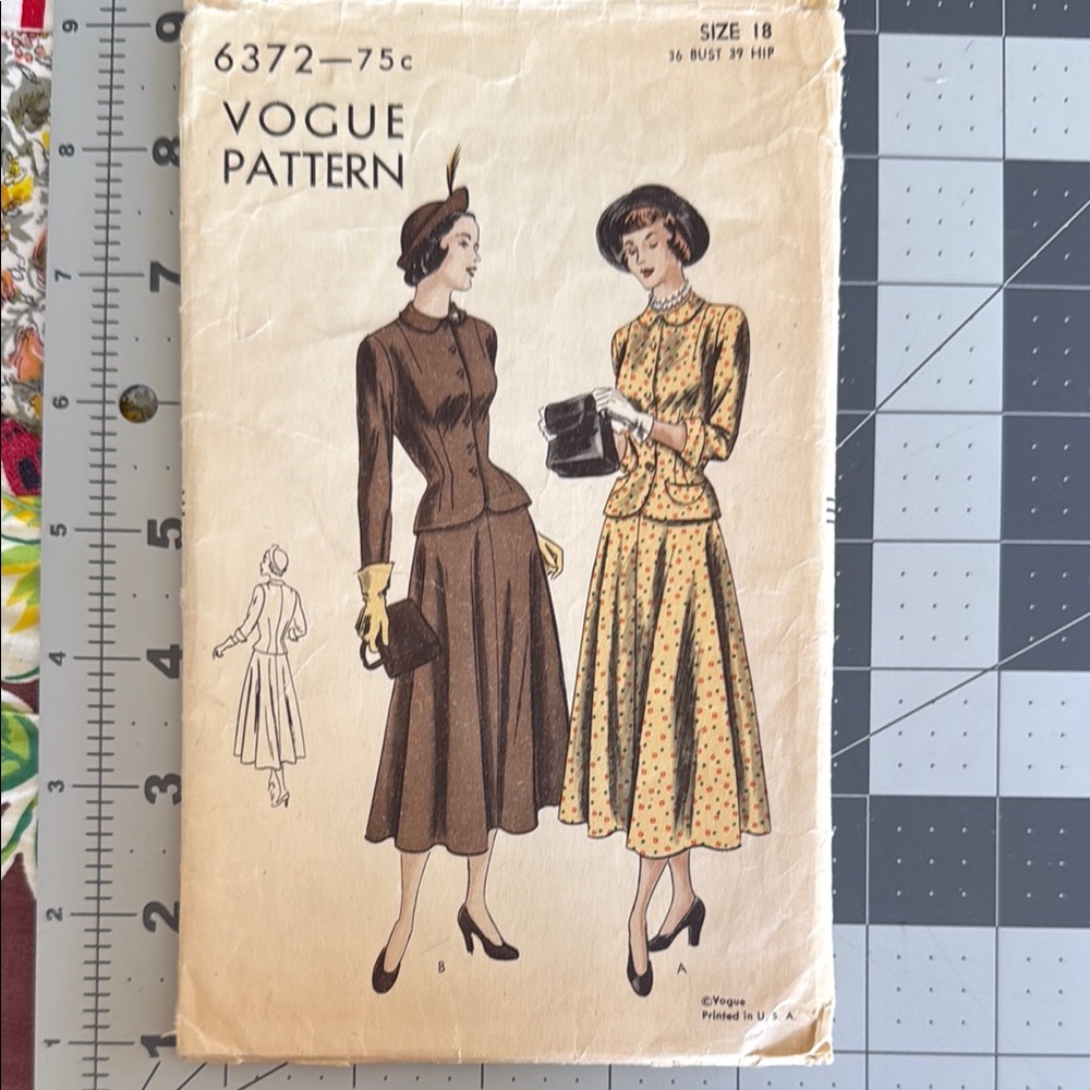 Vogue 6372 Vintage 1940s “Suit-Dress” Pattern, Size 18 (Bust 36), Complete, Used